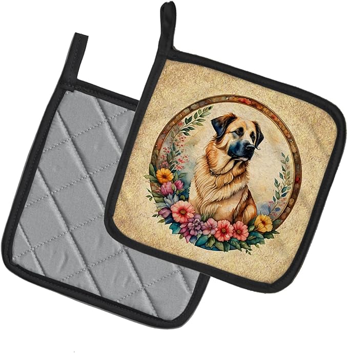 Caroline's Treasures Anatolian Shepherd Dog and Flowers Pair of Pot Holders Kitchen Heat Resistant Pot Holders Sets Oven Hot Pads for Cooking Baking BBQ, 7 1/2 x 7 1/2