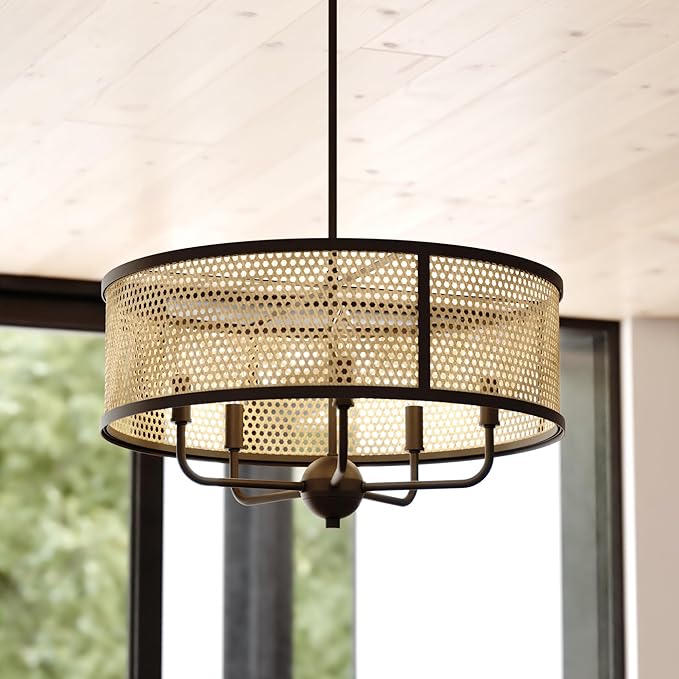 VAXCEL Berens 5 Light Matte Black Modern Farmhouse Drum Pendant Fixture with Rattan Cane Shade