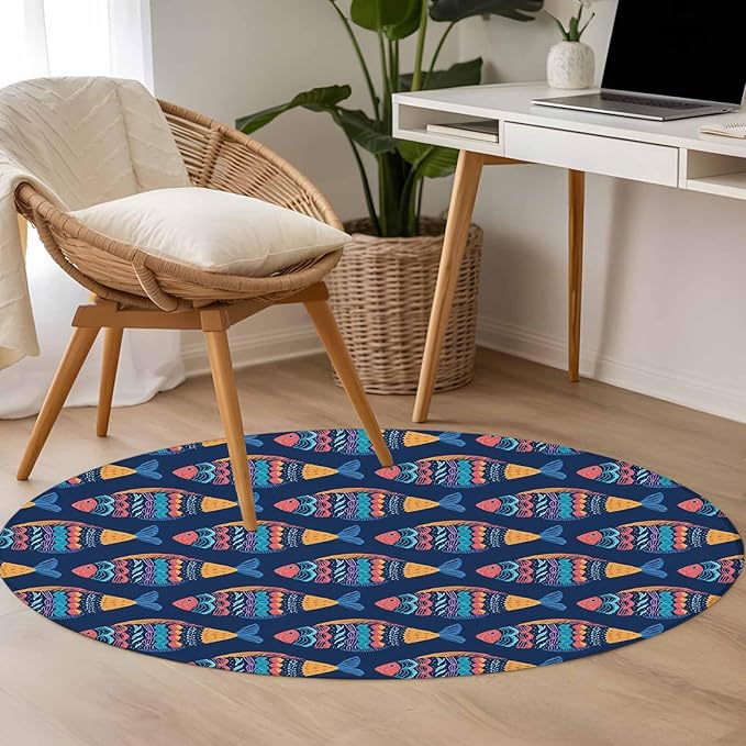 Washable Round Area Rug Ethnic Style Ocean Fish Circle Rugs Floor Carpet for Living Room Bedroom, Watercolor Marine Life on Navy Blue Soft Non Slip Round Rug 3ft