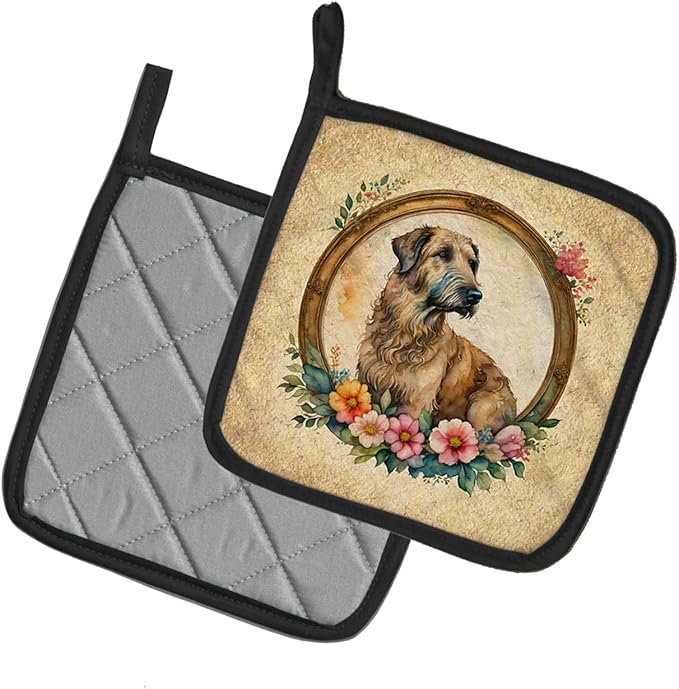 Caroline's Treasures Irish Wolfhound and Flowers Pair of Pot Holders Kitchen Heat Resistant Pot Holders Sets Oven Hot Pads for Cooking Baking BBQ, 7 1/2 x 7 1/2