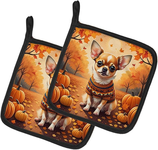 Caroline's Treasures DAC1034PTHD Chihuahua Fall Pair of Pot Holders Kitchen Heat Resistant Pot Holders Sets Oven Hot Pads for Cooking Baking BBQ, 7 1/2 x 7 1/2