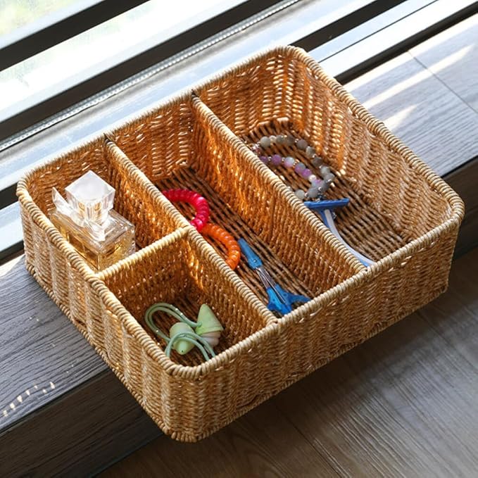 Wicker Divided Storage Basket, Rectangular Hand-woven Baskets Plastic Drawer Baskets Organizer for Organizing Cabinet Coffee Table Toilet Paper