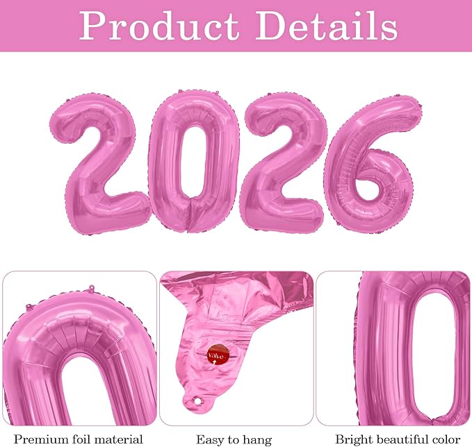 Pink 2026 Balloons, 2026 Number Balloons, 40 Inch Large Foil Graduation Balloon 2026 Numbers for Graduation Decorations Class of 2026, Props, Birthday, Anniversary, New Year Eve Party Decorations