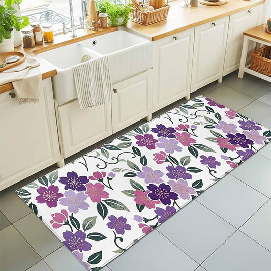 Runner Rug for Bedroom Hallway, Country Purple Pink Flower Green Leaf Kitchen Runner Rugs Area Rug 2x6ft, Pastoral Floral Plant Washable Soft Floor Carpet for Entryway Stair