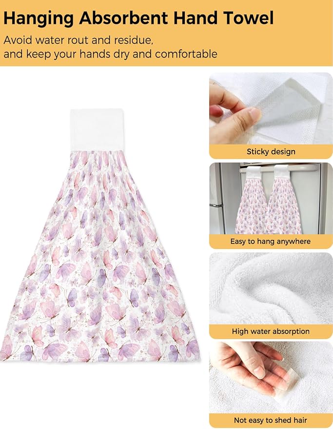 Alandar Home Kitchen Tie Towel Set of 1, Spring Watercolor Butterfly on White Absorbent Soft Hand Towels for Bathroom Hanging Towels, Pink Purple Insects Fast Drying Cleaning Cloth with Loop