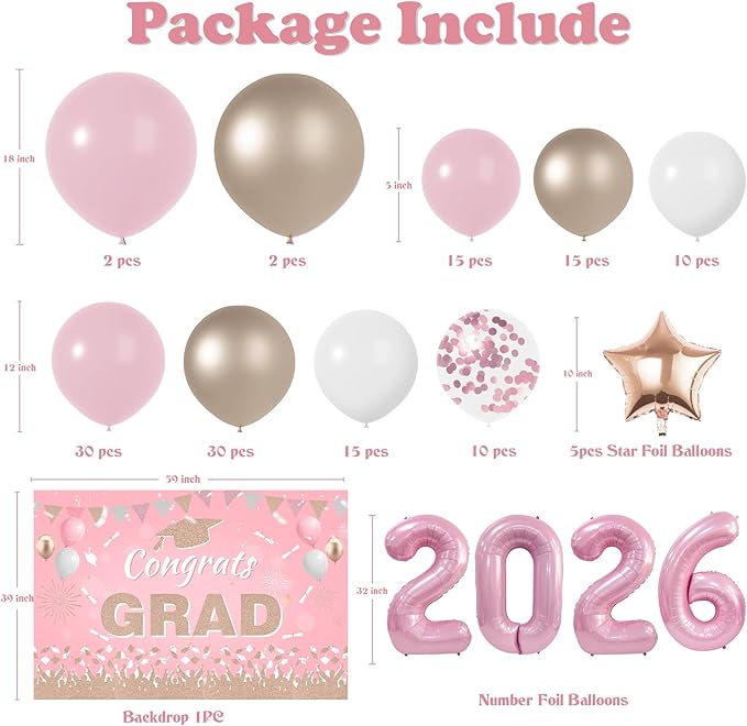 Graduation Decorations Class of 2026: Pink and Gold Graduation Balloons Arch Kit 2026 Grad Party Decorartion with Congrats Grad Backdrop Party Supplies for High School & College Celebrations