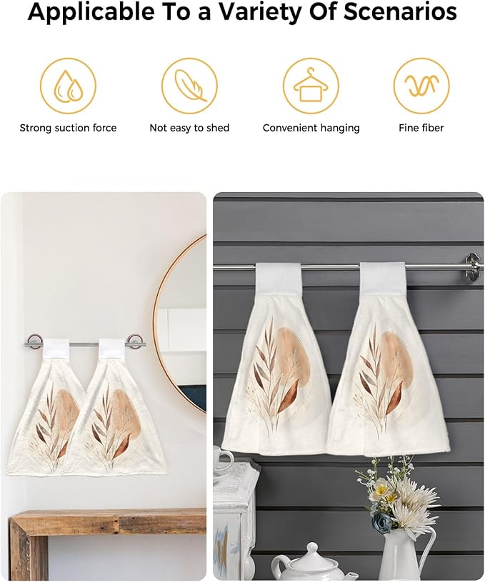 Alandar Home Kitchen Tie Towel Set of 1, Bohemian Color Block Abstract Leaf Absorbent Soft Hand Towels for Bathroom Hanging Towels, Nordic Minimalist Style Fast Drying Cleaning Cloth with Loop