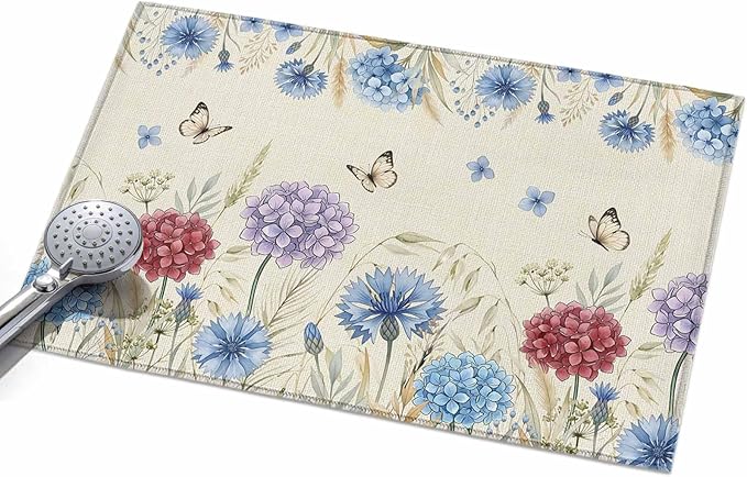 Area Rug 2x3ft, Spring Watercolor Garden Flower Washable Rugs for Living Room Bedroom, Hydrangea Floral on Burlap Soft Non-Slip Area Rugs Rectangle Floor Carpet for Dining Room