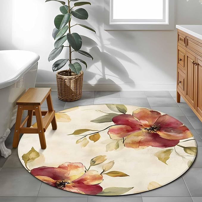 Washable Round Area Rug Oil Painting Style Flowers Circle Rugs Floor Carpet for Living Room Bedroom, Vintage Country Floral Soft Non Slip Round Rug 3ft