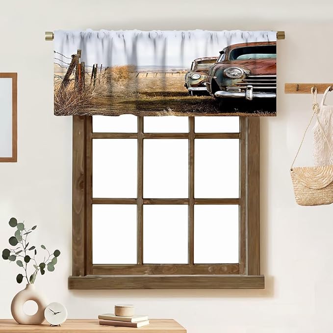 Vintage Car Valance Curtain Classic Abandoned Rusty Wyoming Cars Antique Pictures Old Trucks Countryside Windows Curtain Valance for Kitchen Bedroom Bathroom with Rod Pocket, One Panel 54X18 Inches