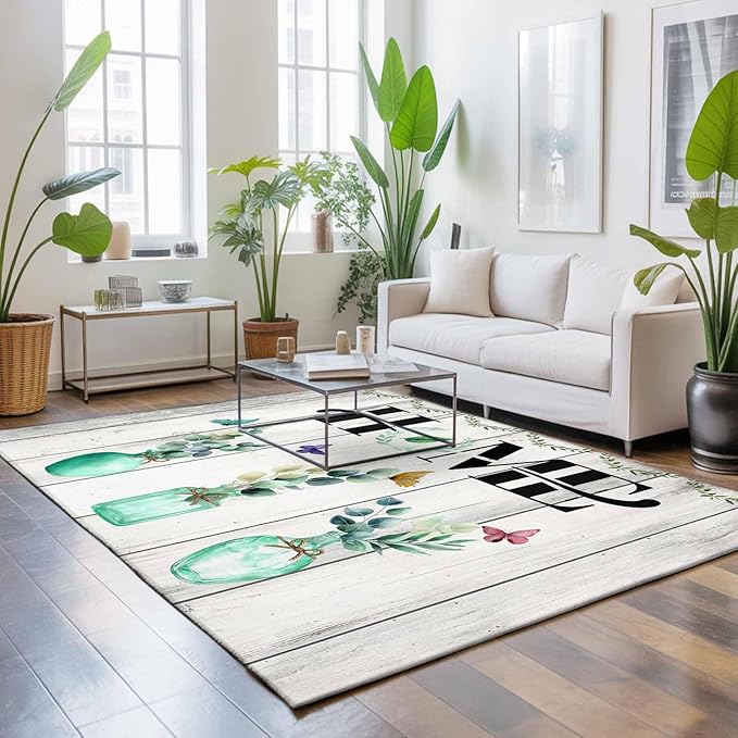 Area Rug 9x12ft, Summer Eucalyptus Leaf Colorful Butterfly Washable Rugs for Living Room Bedroom Rectangle Floor Carpet, Home Text Wood Plank Soft Non-Slip Area Rugs for Dining Room