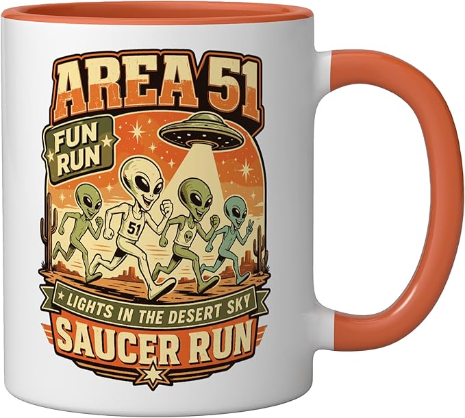 Area 51 Fun Run Saucer Run Alien Ceramic Mug, Orange/White