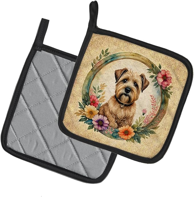 Caroline's Treasures Wheaten Terrier and Flowers Pair of Pot Holders Kitchen Heat Resistant Pot Holders Sets Oven Hot Pads for Cooking Baking BBQ, 7 1/2 x 7 1/2