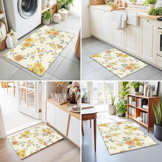 Area Rug 2x3ft, Orange Yellow Flowers Wild Vines Washable Rugs for Living Room Bedroom, Watercolor Floral Soft Non-Slip Area Rugs Rectangle Floor Carpet for Dining Room