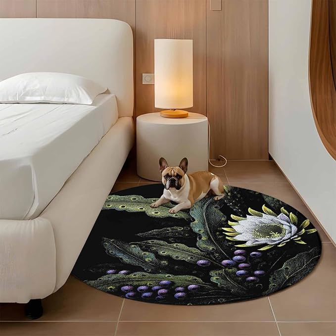 Washable Round Area Rug Watercolor Flower Berry Leaves Circle Rugs Floor Carpet for Living Room Bedroom, Botanical Plant Dark Style Soft Non Slip Round Rug 4ft