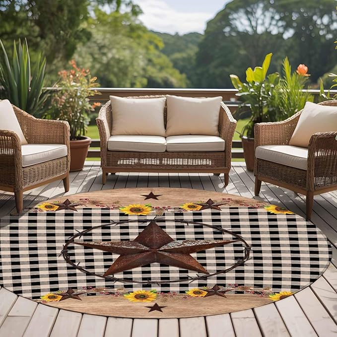 Washable Round Area Rug Western Star Farm Sunflower Circle Rugs Floor Carpet for Living Room Bedroom, Vintage Wood Grain Black Buffalo Plaid Soft Non Slip Round Rug 5ft
