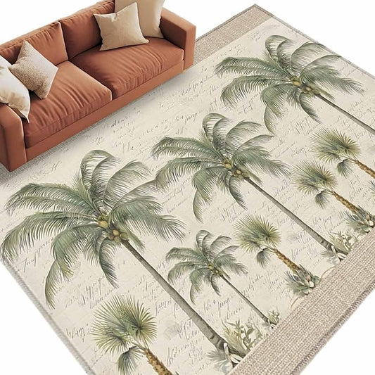 Area Rug 9x12ft, Coastal Tropical Olive Green Palm Trees Washable Rugs for Living Room Bedroom Rectangle Floor Carpet, Classic Retro Linen Soft Non-Slip Area Rugs for Dining Room