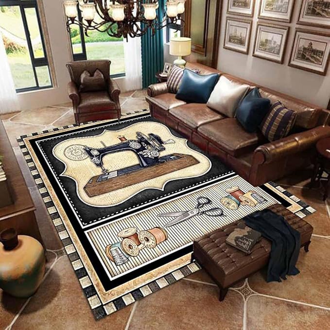 Sewing Material Patterns Rug for Bedroom Non-Slip Fun Fashion Scissors Patchwork Area Rugs Office Decor Low Pile Black and White Sewing Machine Carpet 5'x7'