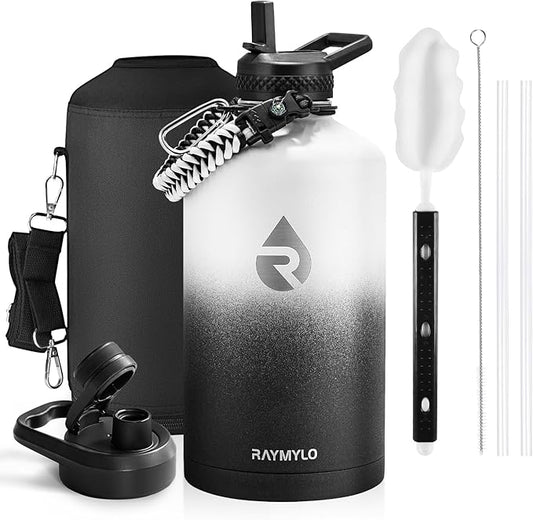 RAYMYLO One Gallon Water Bottle Insulated, Triple Walled Vacuum Stainless Steel (Cold for 48 Hrs), Leak Proof & Non-BPA, Large Water Flask Jug with Paracord Handle & Straw Spout Lids