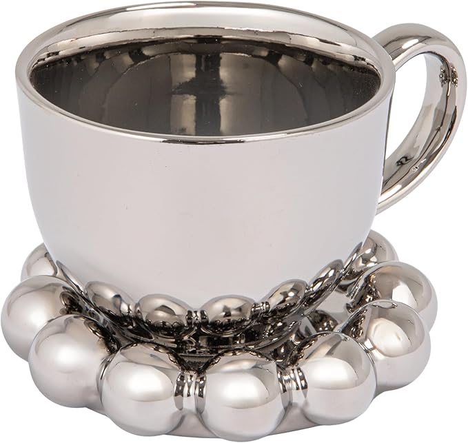 Bloomingville 12-Ounce Stoneware Mug with Ball Edge Saucer, Chrome-Finish
