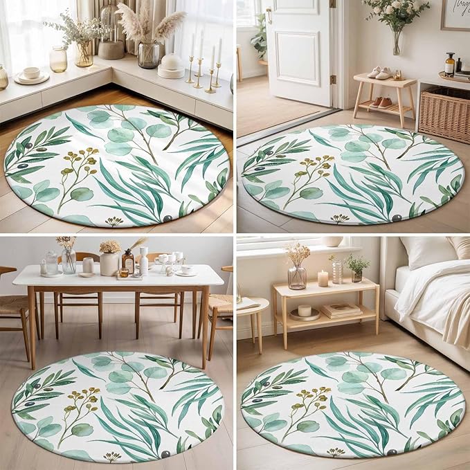 Washable Round Area Rug Watercolor Eucalyptus Leaves Circle Rugs Floor Carpet for Living Room Bedroom, Spring Green Foliage Branch Soft Non Slip Round Rug 3ft
