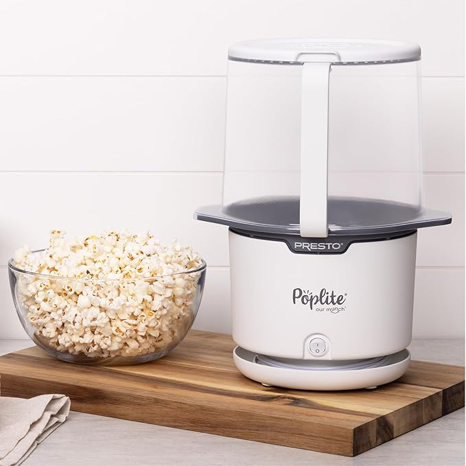 Presto 04812 PopLite Our Munch Hot Air Popcorn Popper - Family Sized, Built-In Serving Bowl, Compact Design, 15 Cups, White