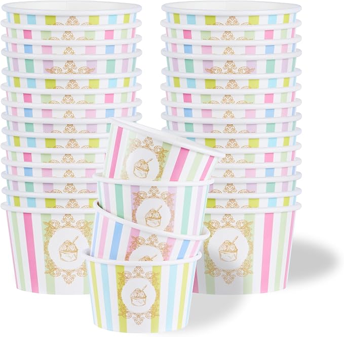 Restaurantware Paper Cups 200 Count 8 Ounce Square Disposable Ice Cream Containers, Leak-Resistant Paper Dessert To Go Cups, Hot And Cold Food, Durable Assorted Stripe Design