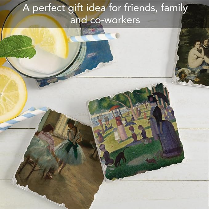 Thirstystone French Impressionists 4 Pack Assorted Tumbled Tile Stone Coasters with Protective Cork Backing Manufactured in The USA Absorbent Easily Wipes Clean