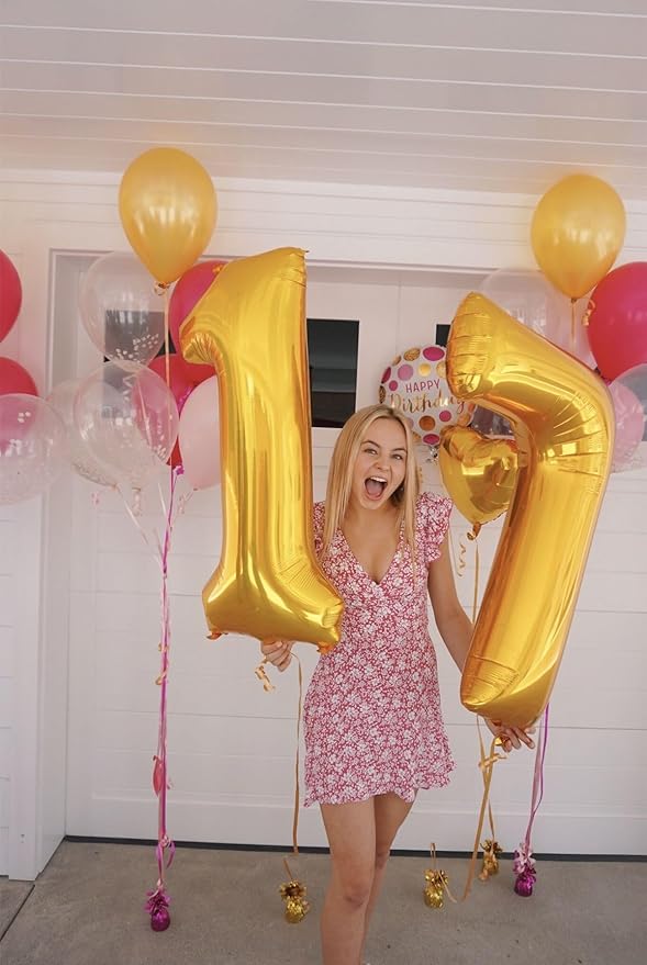 Number 17 Balloons 40 Inch, Gold 17th Birthday Decoration for 1 7 17 71 Men & Women, Foil Big Number Balloon for Wedding Store Anniversary Promotion Party Decorations