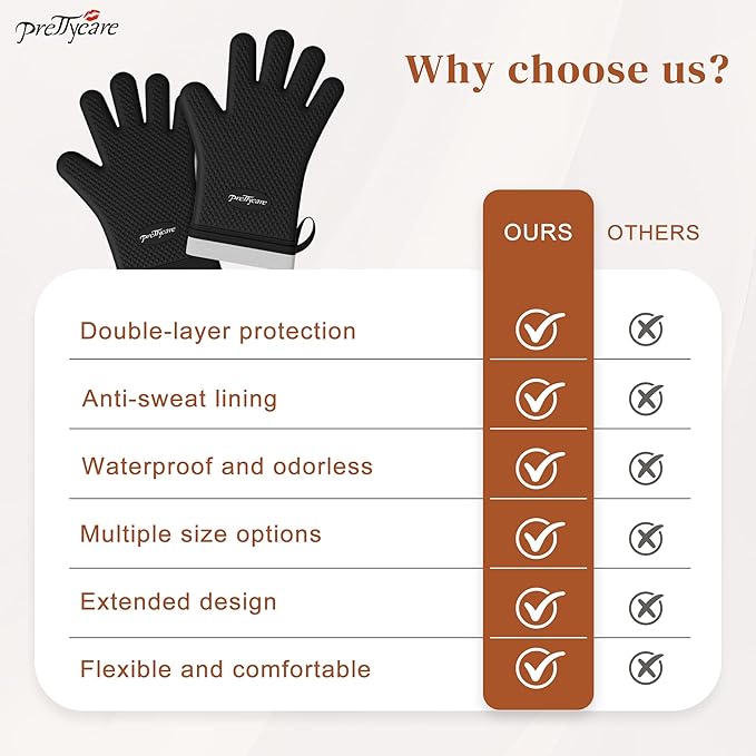 PrettyCare Extra Long 14in Silicone Oven Mitts, Waterproof & Non-Slip Oven Gloves with Fingers,Cotton Lined Silicone Oven Gloves Kitchen Mitts-Heat Resistant for Baking Cooking BBQ（Black