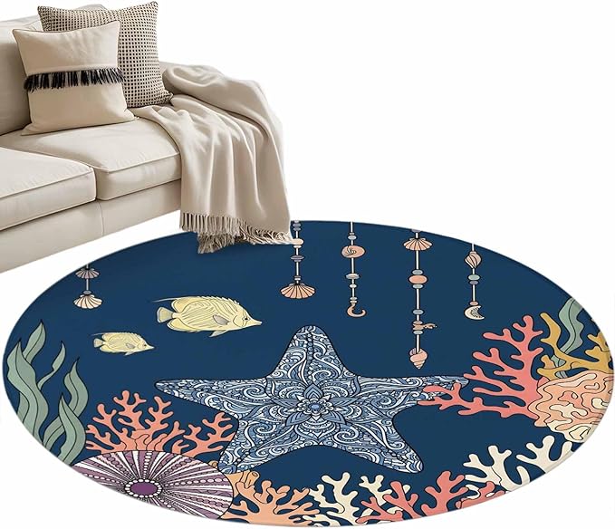 Washable Round Area Rug Ocean Starfish Coral Fish Circle Rugs Floor Carpet for Living Room Bedroom, Underwater Creature on Navy Blue Soft Non Slip Round Rug 3ft