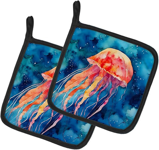 Caroline's Treasures Jellyfish Pair of Pot Holders Kitchen Heat Resistant Pot Holders Sets Oven Hot Pads for Cooking Baking BBQ, 7 1/2 x 7 1/2