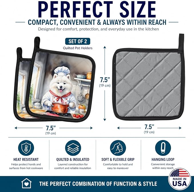 Caroline's Treasures Samoyed The Chef Pair of Pot Holders Kitchen Heat Resistant Pot Holders Sets Oven Hot Pads for Cooking Baking BBQ, 7 1/2 x 7 1/2