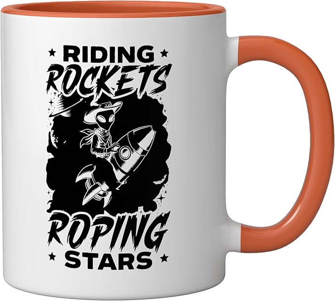 Alien Lover Flying Saucer UFO Extraterrestrial Cowboy Ceramic Mug, Orange/White