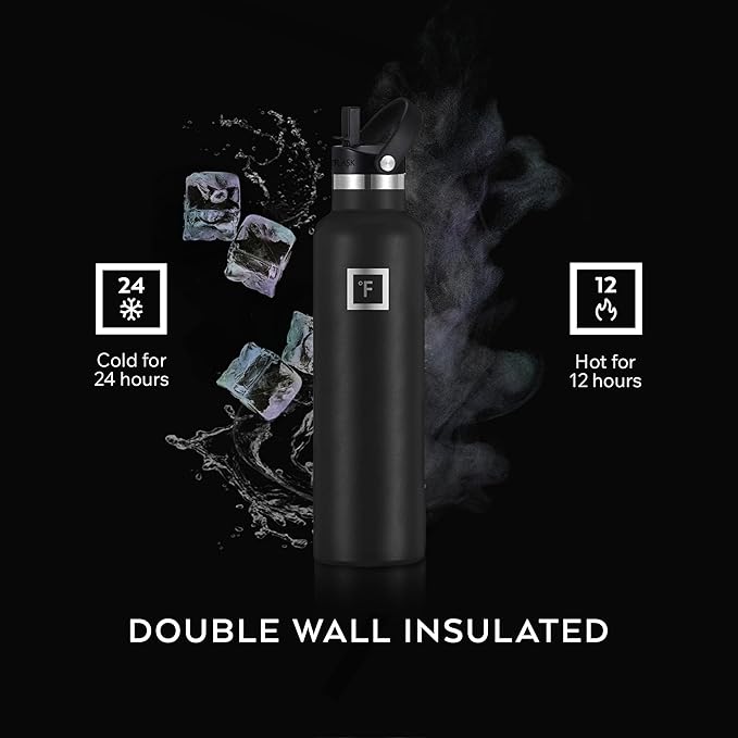 IRON °FLASK Camping & Hiking Hydration Flask with Straw, Narrow Mouth Insulated Stainless Steel Sports Water Bottle - Black Marquina 24 oz - Straw (1 Lid)