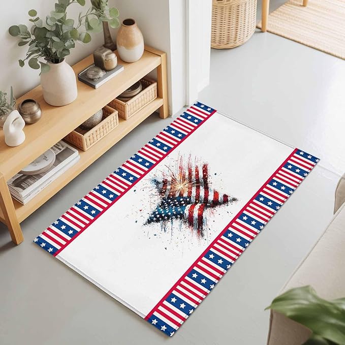 Area Rug 2x3ft, 4th of July Stars Stripes Abstract Flag Washable Rugs for Living Room Bedroom, Patriotic Theme Soft Non-Slip Area Rugs Rectangle Floor Carpet for Dining Room