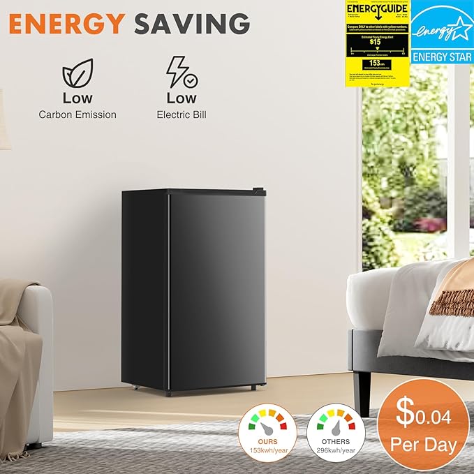 Sweetcrispy 3.2 Cu.Ft Mini Fridge with Freezer, 2 Door Small Refrigerator with Adjustable Thermostat Energy-efficient Low Noise, Compact Fridge for Bedroom, Office, Dorm, Black