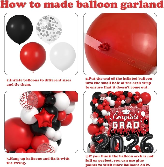 Graduation Decorations Class of 2026: Red and Black Graduation Balloons Arch Kit 2026 Party Decorartion with Congrats Grad Backdrop Party Supplies for High School & College Celebrations