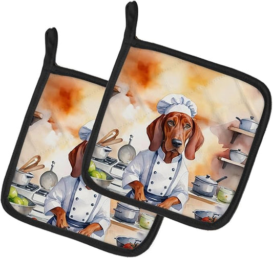 Caroline's Treasures Redbone Coonhound The Chef Pair of Pot Holders Kitchen Heat Resistant Pot Holders Sets Oven Hot Pads for Cooking Baking BBQ, 7 1/2 x 7 1/2