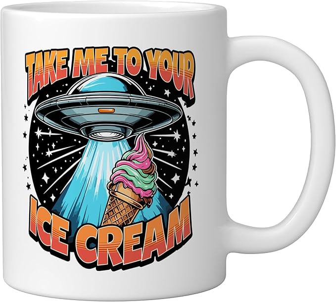 Take Me to Your Ice Creams UFO Abduction Funny Ice Cream Ceramic Mug, White
