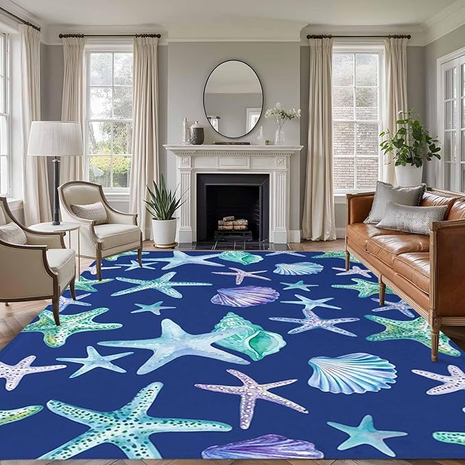 Area Rug 8x10ft, Summer Starfish Shell Conch Washable Rugs for Living Room Bedroom, Marine Creature on Blue Soft Non-Slip Area Rugs Rectangle Floor Carpet for Dining Room