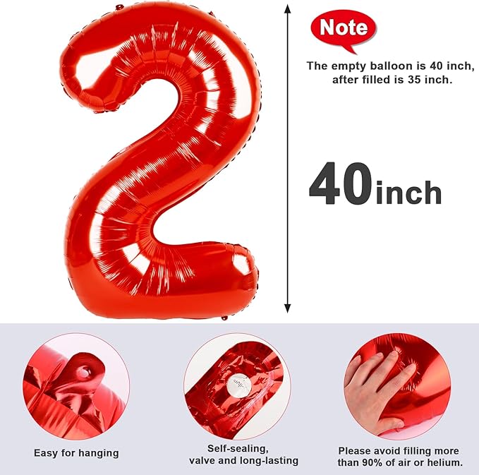 2 Numbers Balloon 40 Inch Red Two Balloon Number Birthday Decor, 2nd 12 21st Party Celebration Decorations Graduations Wedding Baby Shower