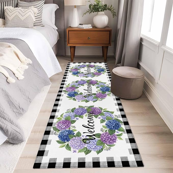 Runner Rug for Bedroom Hallway, Summer Hydrangea Leaf Kitchen Runner Rugs Area Rug 2x6ft, Purple Blue Flower Buffalo Check Washable Soft Floor Carpet for Entryway Stair