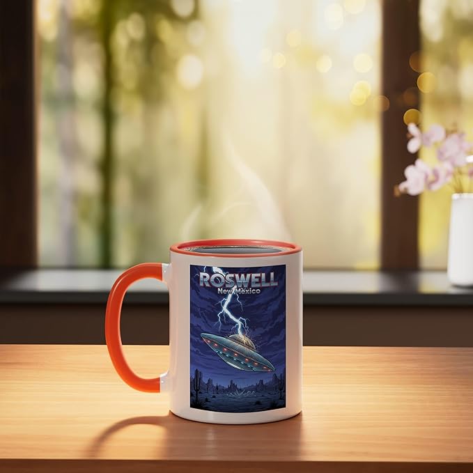 Roswell UFO Flying Saucer New Mexico Souvenir Lightning Ceramic Mug, Orange/White