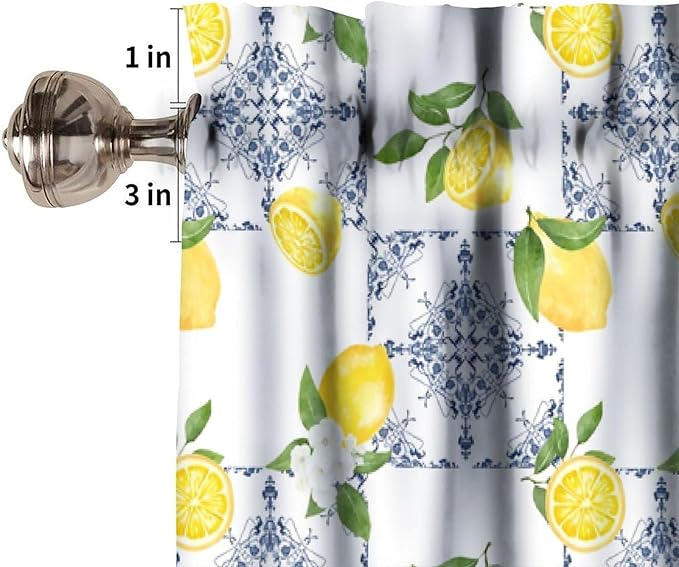 Lemon Floral Curtain Valance, Blue White Tile Farmhous Rustic Short Window Drapes for Kitchen Dining Room Bedroom Living Room Resturant Home Decoration, 54x18Inch