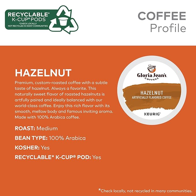 Gloria Jean's Hazelnut Keurig Single-Serve K-Cup Pods, Medium Roast Coffee, 60 Count (6 Packs of 10)