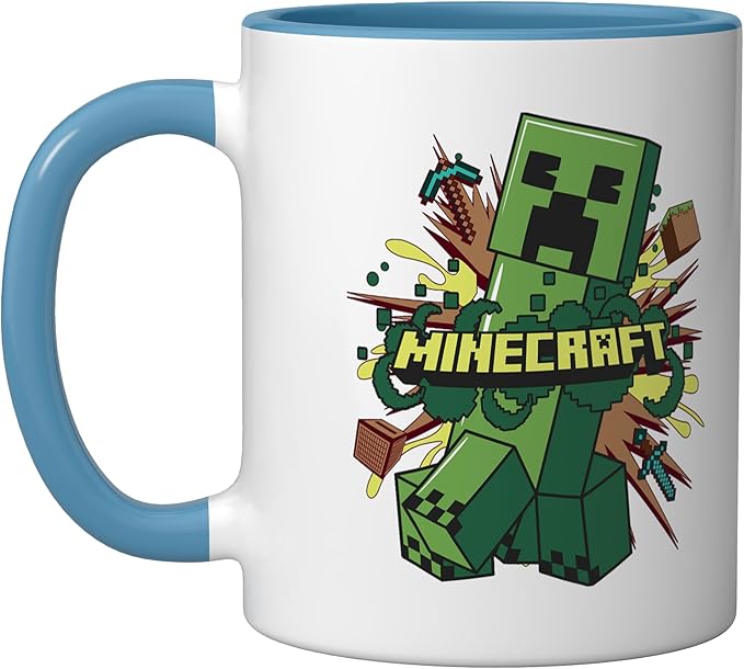 Minecraft Creeper Running From Explosion Ceramic Mug, Blue/White