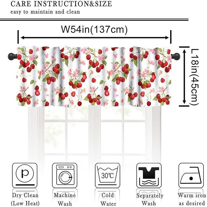 Cherry Floral Curtain Valance, Red Fruit Pink Flower Blossom Spring Decorative Short Window Treatment for Kitchen Dining Bedroom Living Room Home Decor, 54x18Inch