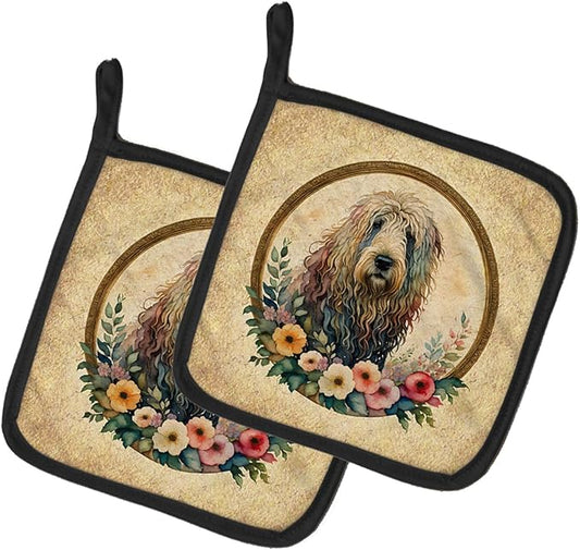 Caroline's Treasures Komondor and Flowers Pair of Pot Holders Kitchen Heat Resistant Pot Holders Sets Oven Hot Pads for Cooking Baking BBQ, 7 1/2 x 7 1/2