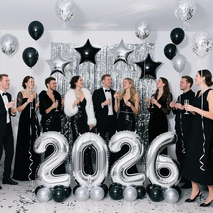 JOJO FLY New Years Eve Party Decorations Kit, Silver 2026 Balloons, Black and Silver Balloons Set, Silver Foil Curtain, Graduation Decorations, New Years Eve Party Supplies 2026
